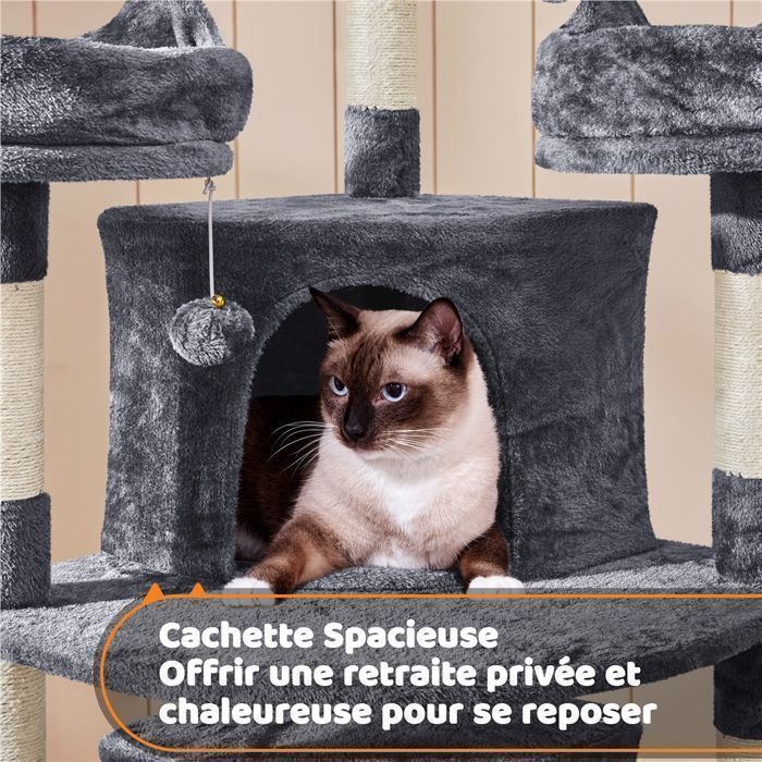 Árbol para gatos XXL de 175 cm con postes rascadores de sisal, cuevas, pelotas y perchas, casa de juegos multinivel para gatos, gris oscuro YAHEETECH