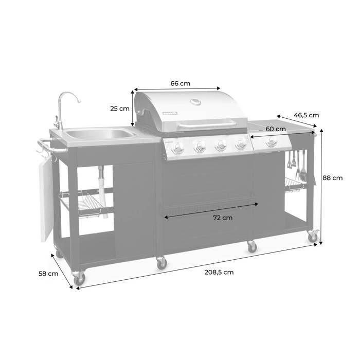Gas barbecue with 4 burners + 1 side burner, outdoor kitchen with sink and cover, D'ARTAGNAN model with cover