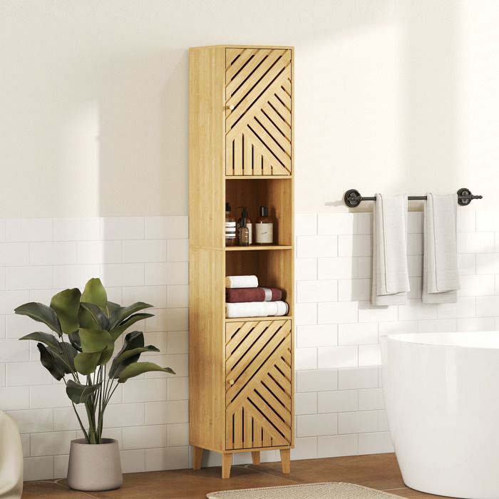 HOMCOM Korkea säilytysyksikkö - Säädettävät hyllyt - Bambuovet ja -jalat - 32x30x170cm - Luonnonpuukuvio