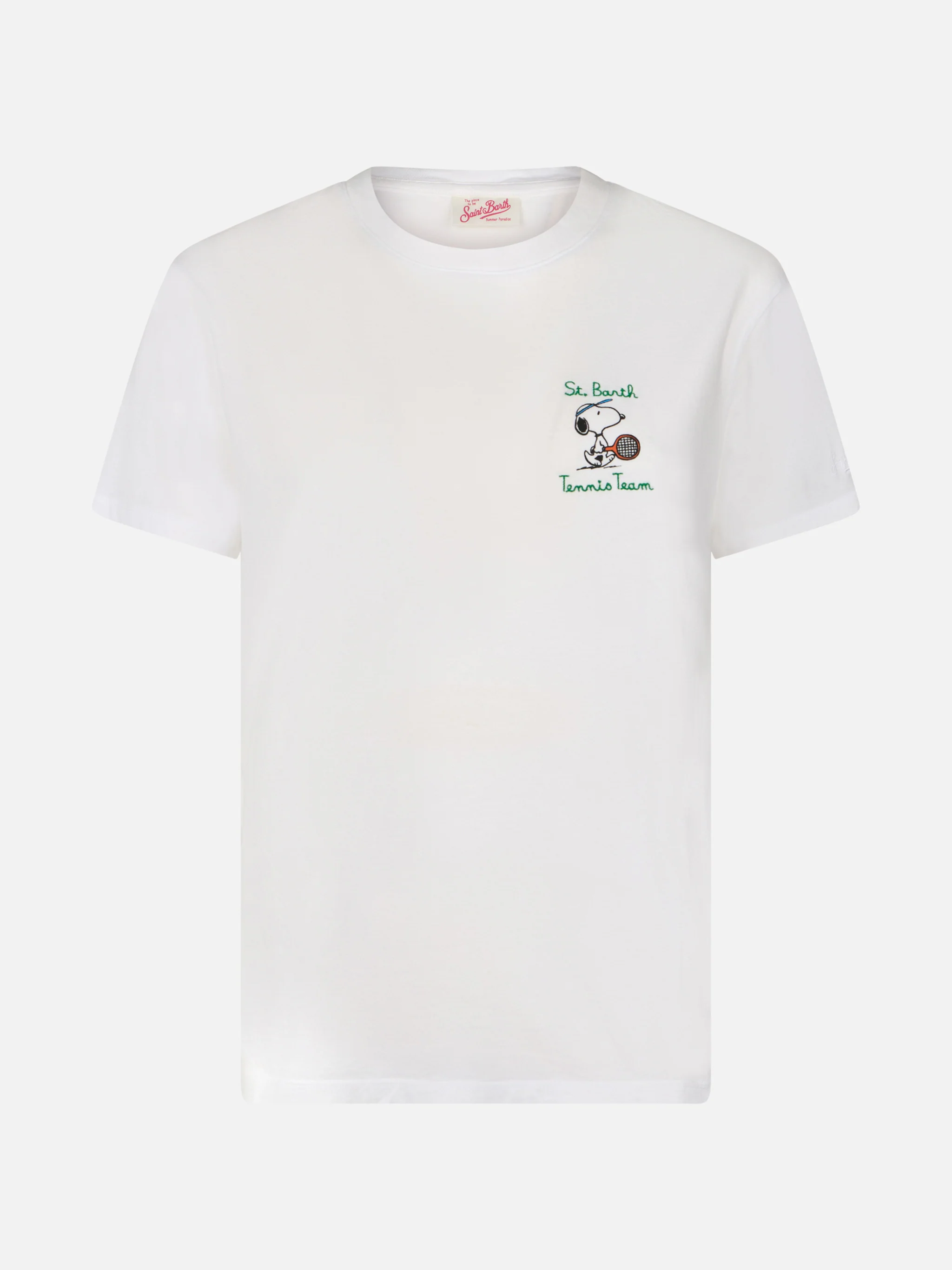 Emilie dames T-shirt met ronde hals, roze katoenen jersey en borduurwerk.
