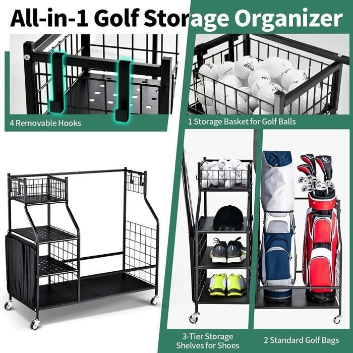 Organizador de almacenamiento de golf GYMAX con ruedas con bloqueo, estante metálico para accesorios de golf con repisa.