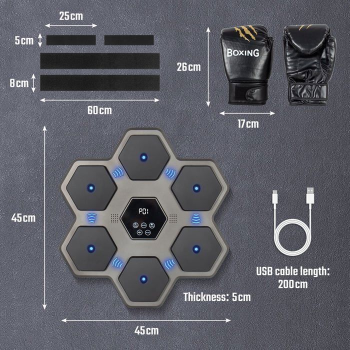 Máquina de boxeo musical Todeco para adultos y niños con guantes, 9 modos, contador automático, hexagonal.