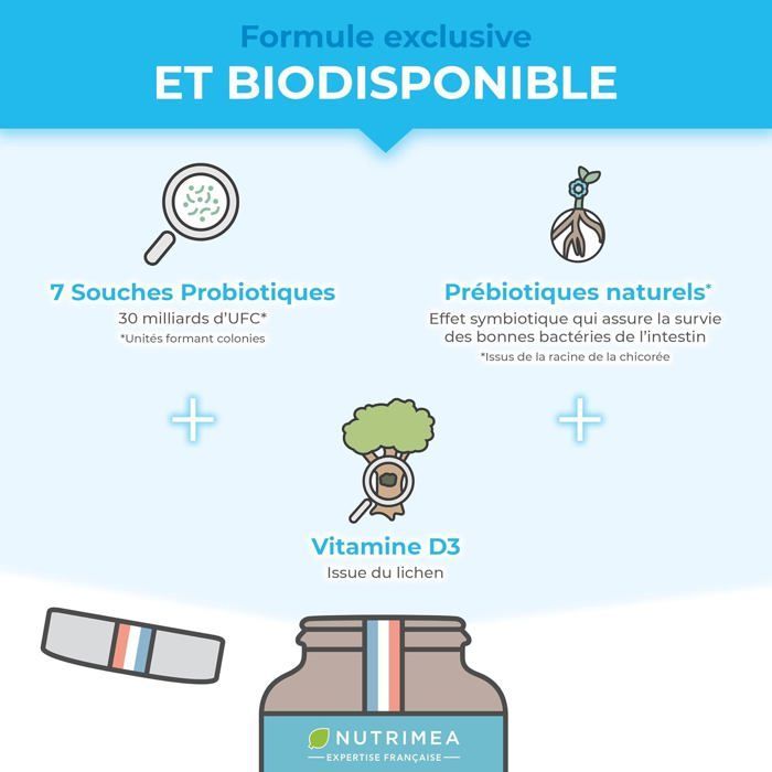 Probiotiques 30 milliards d’UFC/jour - 7 Souches Bio-actives - Vitamine D - 30 gélules
