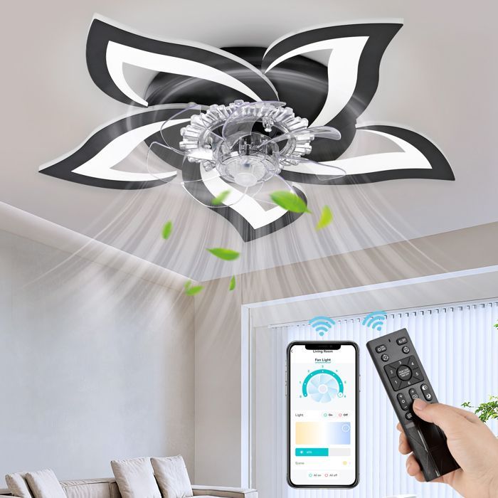 NACATIN LED-plafondventilator, 6 snelheden, stille ventilator met dimbare 3-kleurenverlichting, 9005 - Zwart