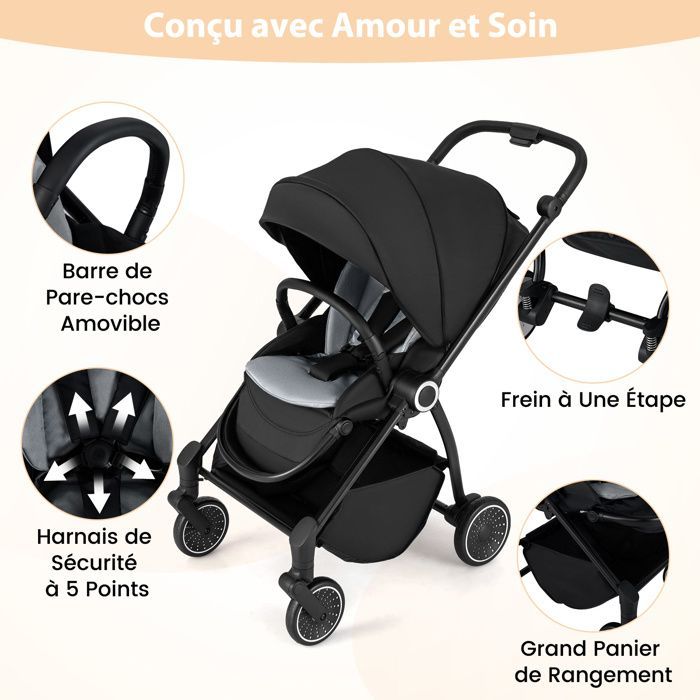 COSTWAY Foldable Baby Stroller with Reversible Seat & Reclining Backrest, Lower Basket, 5-Point Harness, 15 kg, Black