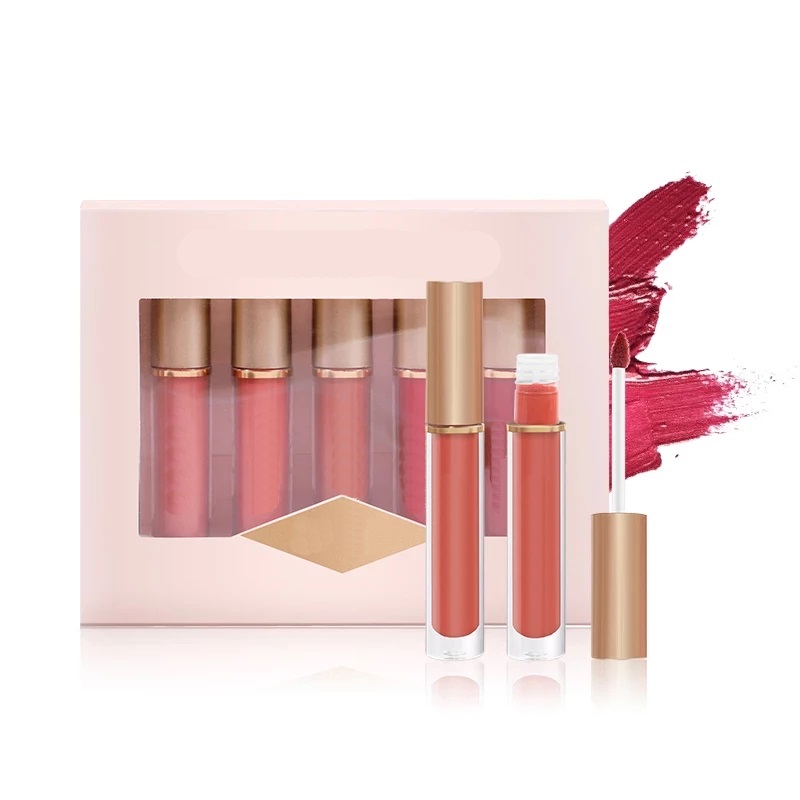 Set de 5 colores, resistente al agua, mate, aterciopelado, nude, color nude, labial, brillo labial rojo intenso, brillo labial de larga duración para mujer.