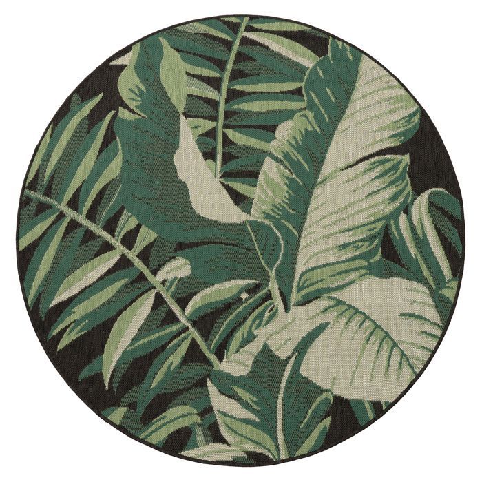 Tappeto da esterno Paco Home per patio, soggiorno, cucina, motivo giungla boho con palme, nero e verde, rotondo, 160 cm