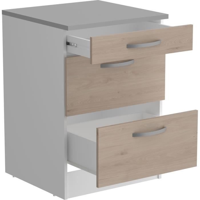 OSLO Meuble Bas 3 tiroirs + plan - Décor Chêne Jackson - L 60 x P 60 x H 86 cm