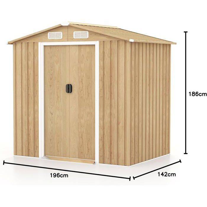 Caseta de jardín metálica galvanizada COSTWAY de 2,78 m² (196 x 142 x 186 cm) - Puertas correderas, pasamanos - 4 rejillas de ventilación - Color imitación madera