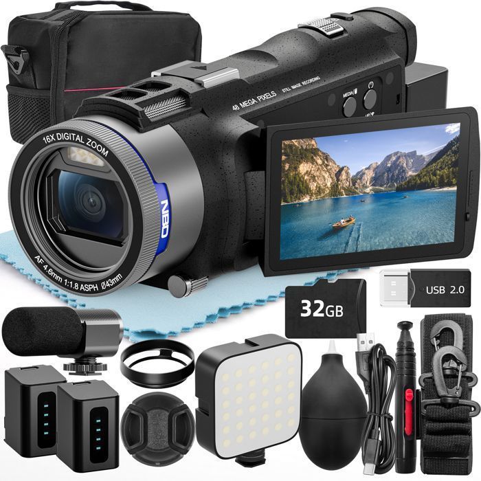 Câmera de vídeo IPS 3.0 para vlogs, 48MP, com cartão SD de 32GB