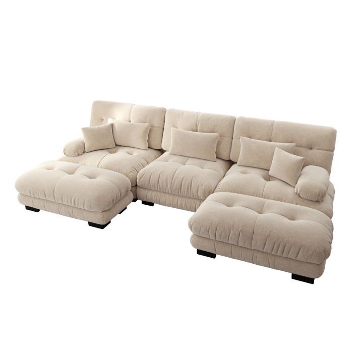 Modular corner sofa - LANGTU - Modular U-shaped cloud sofa - Light brown chenille - 3-seater configuration - Matching ottomans