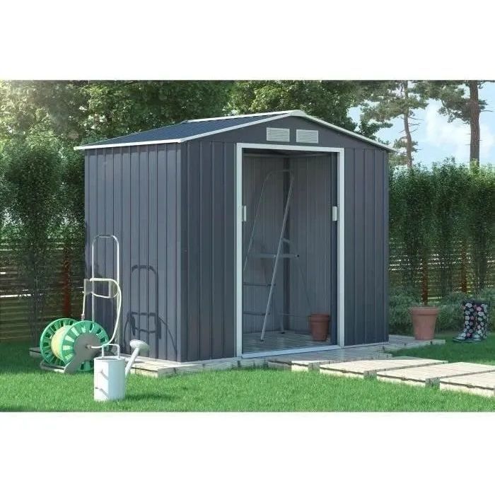 Abri de jardin en métal 2,71 m²  - 213 x 127 x 195 cm - PLUTON - Kit d'ancrage inclus, 2 portes coulissantes - Gris
