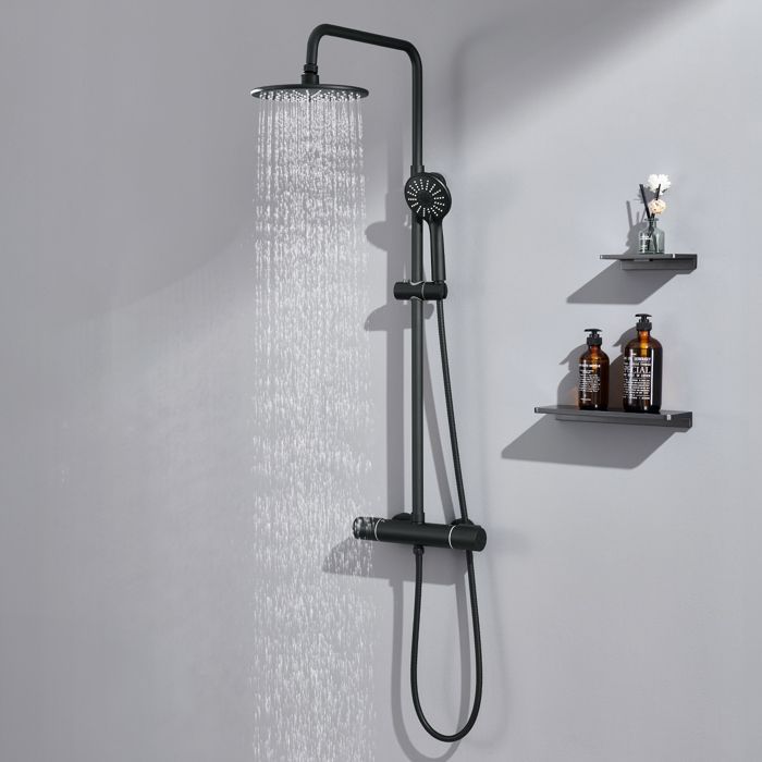 Columna de ducha termostática de 38 °C, color negro, con 3 modos de funcionamiento, ducha de mano y altura regulable de 84 a 121 cm.