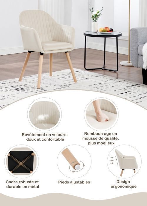Sillas WOLTU – Estilo contemporáneo, terciopelo y madera, color crema (Juego de 6)
