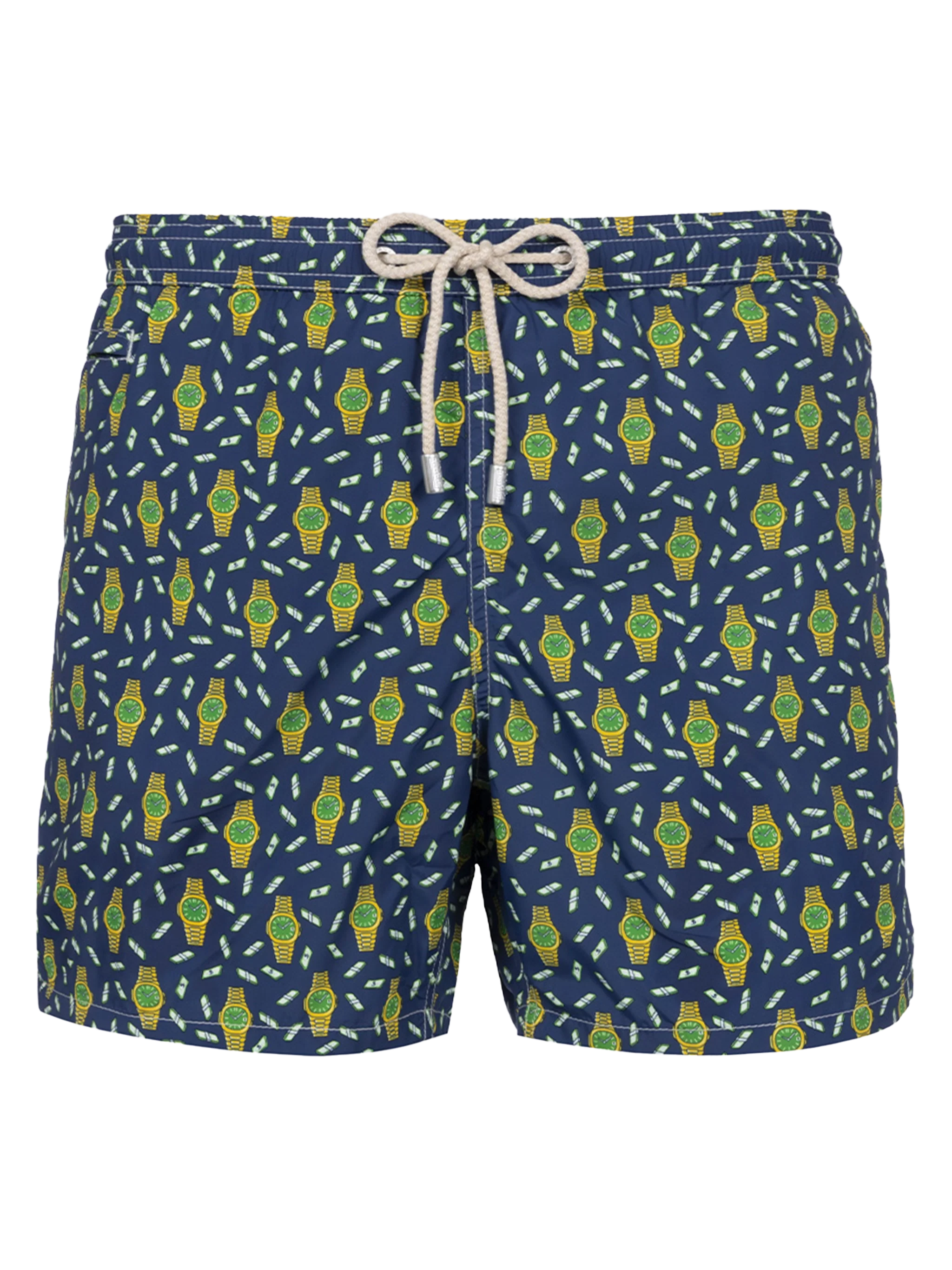 Man Lighting Mid-Length Swim Shorts with Watches Print | Blue | Quick-Drying, Elasticized & Adjustable Waist, Back Patch Pocket | MC2 Saint Barth