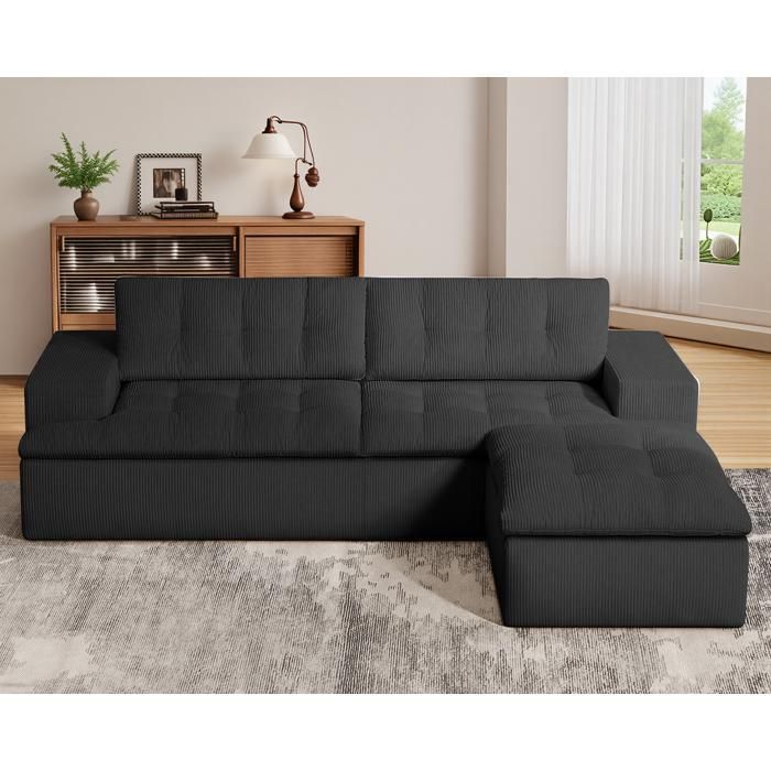 Canapé d'angle noir de 215*175*48cm, repose-pieds amovible/convertible, canapé moderne en forme de L Cloud avec assise profonde