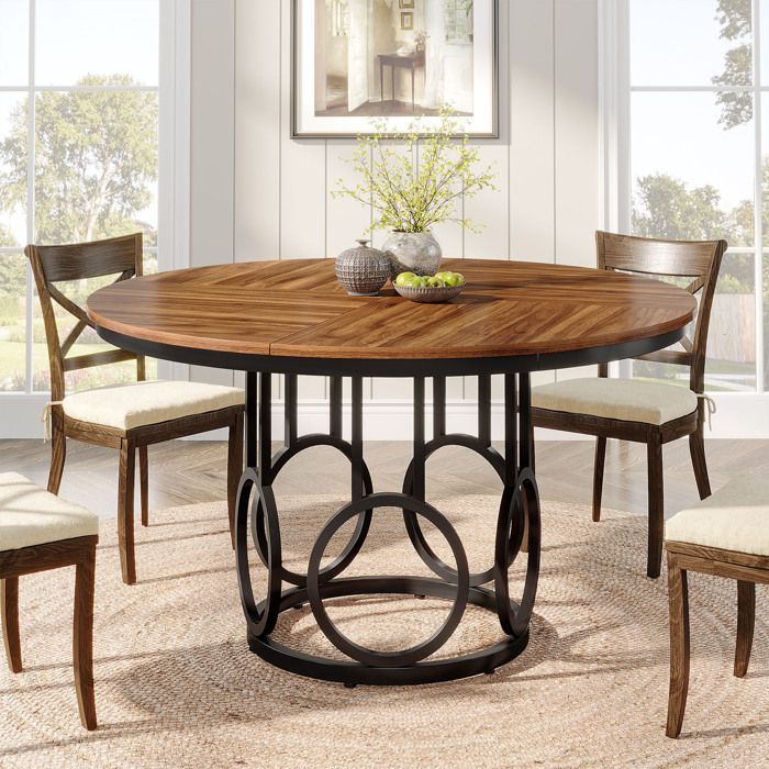 Tavolo da pranzo rotondo, Little Tree, 120×120×75 cm, tavolo da cucina in legno con robusta base in metallo per 4-6 persone, marrone