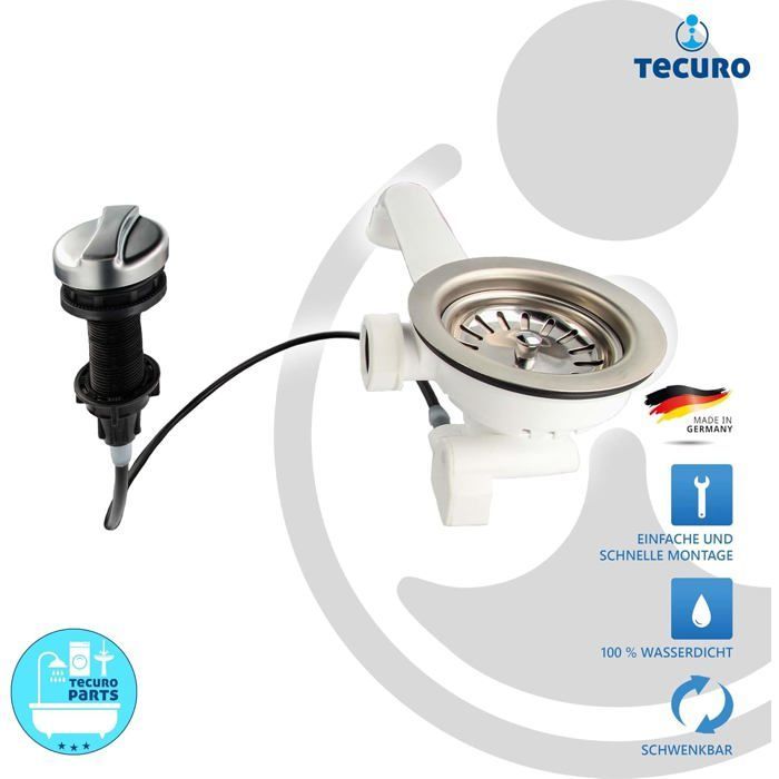 Bonde évier 3 1/2'' tecuro inox avec tamis amovible et commande rotative (câble 50 cm)