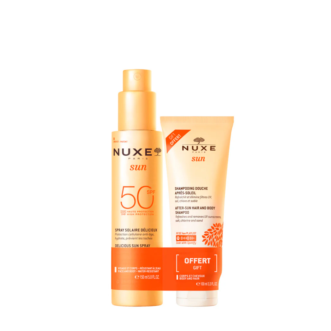 Sun Duo Spray Solare SPF50 + Shampoo Doccia Doposole - Coffret Solare, Cofanetto Solare, Solare viso alta prot., Latte solare corpo alta prot., Shampoo Protezione Solare, Bagno doccia doposole