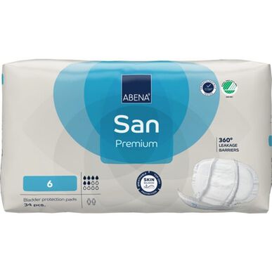 Abena San Premium 360 -vuotosuojat, 6 inkontinenssisuojaa, anatominen muoto, 34 kpl.