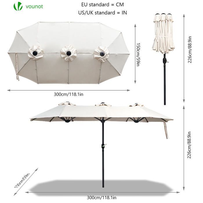 Sombrilla de jardín doble de aluminio VOUNOT® 300x150cm Beige - Protección UV 30+