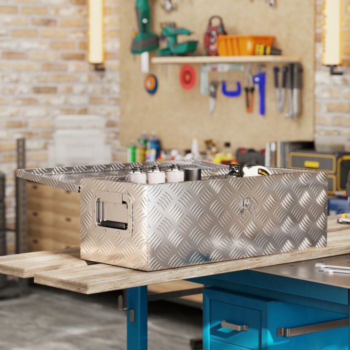 Storage box - toolbox - HOMCOM - retractable handles, key lock - aluminum - 76x33x25cm - silver