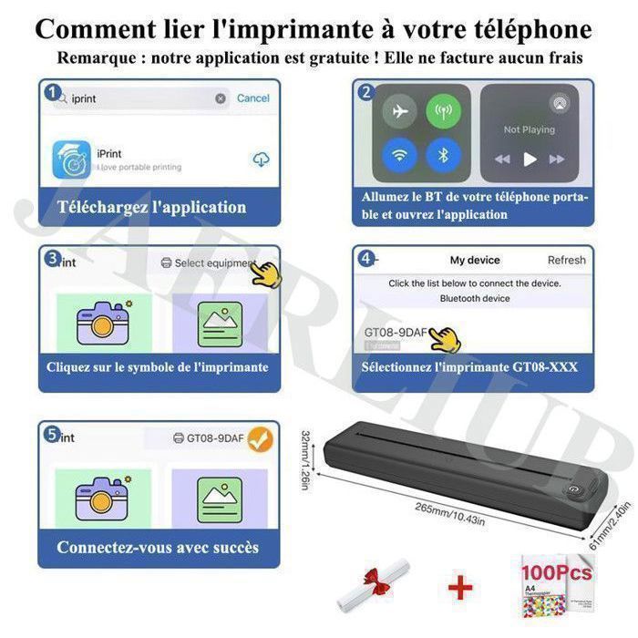 Impressora Bluetooth com 100 folhas de papel A4 (210 x 297 mm), impressora térmica, compatível com Android, iOS e Windows.