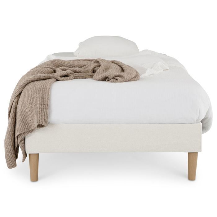 Base de cama tapizada PAIMPOL de 90 x 190 cm, estructura de madera y tapizado de tela blanco crema, estructura de cama con patas.