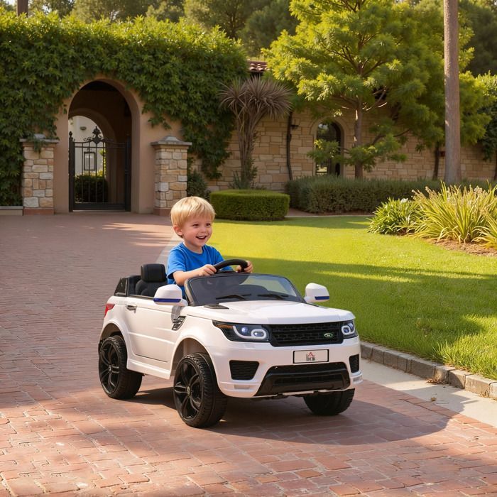Coche eléctrico infantil HOMCOM, vehículo eléctrico de 12 V, doble motor, de 3 a 5 km/h, blanco.