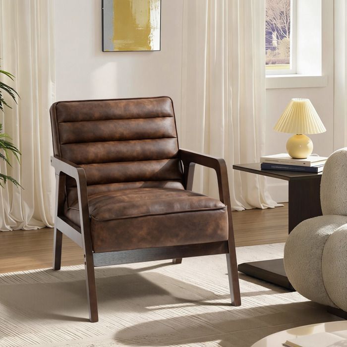 Fauteuil salon - HOMCOM - large assise, coussin épais et structure en bois massif - pour salon, chambre, coins lecture - PU - marron
