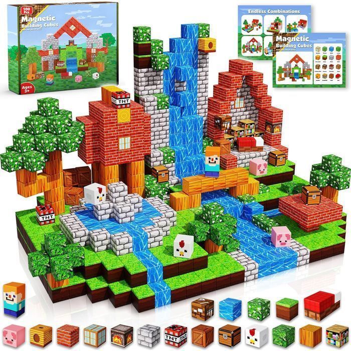 Blocs Construction Magnétiques - 100 PCS Construction Magnetique Enfant -  Puzzle Cubes Magnétiques Jouet Cadeau pour Garçon Fille