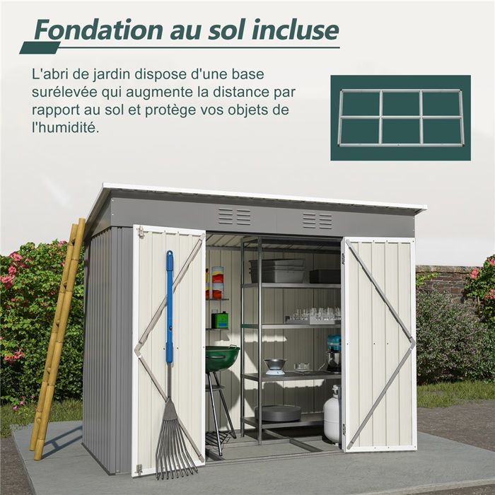 Kimfead Abri de Jardin Métal 2,54 m² - Cabane d'Outils 238x131x181 cm avec Fondation et Double Porte Coulissante