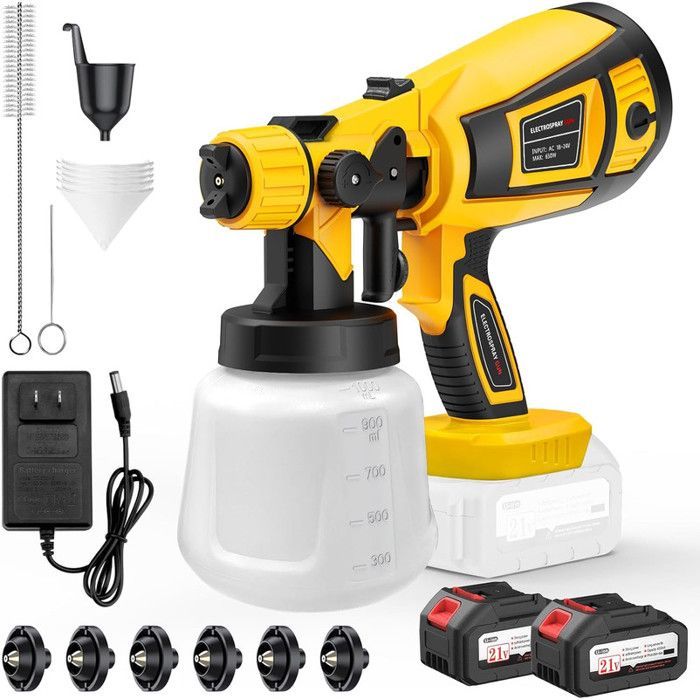 Pistolet À Peinture Sans Fil 650W Avec 2 Batteries 21V 2.0Ah, 6 Buses Métalliques Et 3 Modes De Pulvérisation, Réservoir 1000ml
