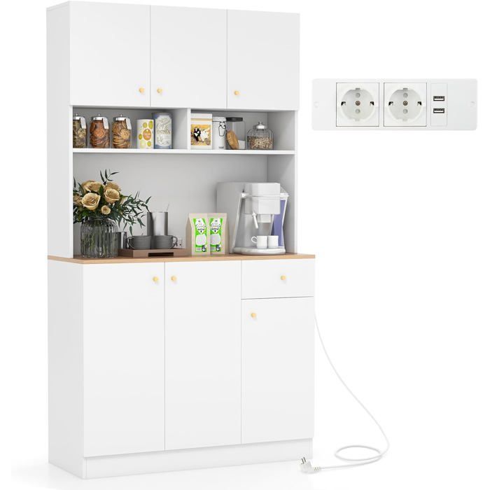 Aparador de cocina COSTWAY con enchufes, puertos USB, estantes ajustables en 3 posiciones y kit antivuelco, 100 x 40 x 181 cm