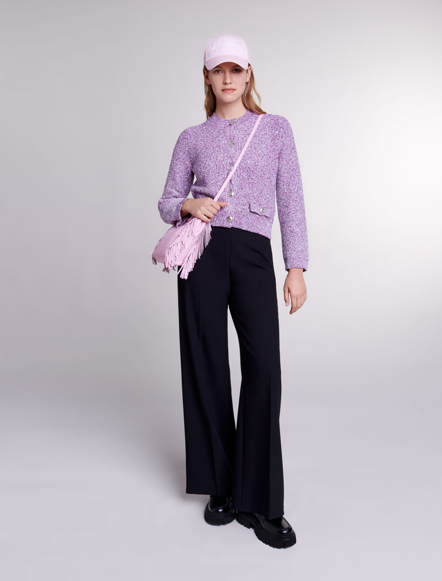 Cardigan tricotat cu paiete - Roz fucsia