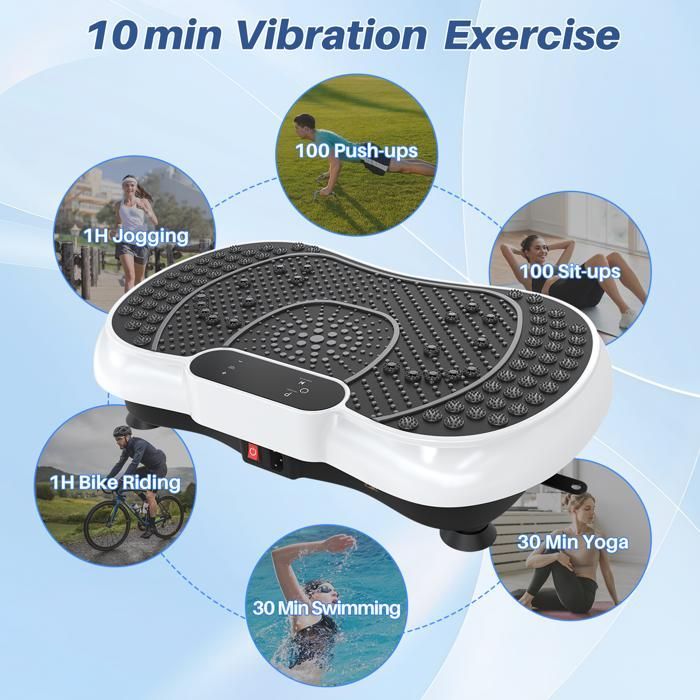 Plataformas vibratorias con 99 niveles de intensidad, 5 configuraciones preprogramadas, cuerdas de tensión y cuerdas para saltar, color blanco.