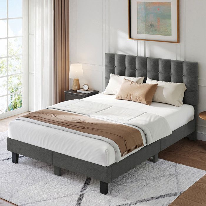 Letto HavenlyHome 140x190 cm, letto imbottito, testiera in lino, letto matrimoniale con rete a doghe, letto per 2 persone, grigio