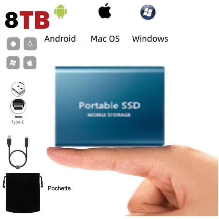 8TB Mini Portable External Hard Drive SSD, Blue, Type-C, with Black Fabric Storage Bag