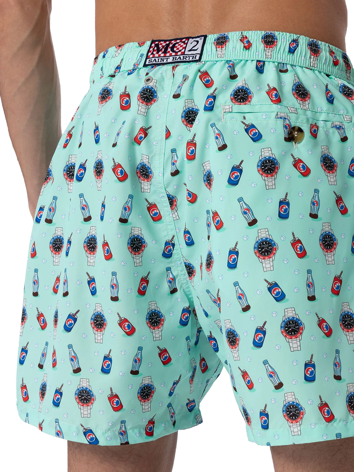 Man Lighting Mid-Length Swim Shorts | Watches & Drink All-Over Print | Sage Green Backcloth | Lightweight, Quick Drying | MC2 Saint Barth