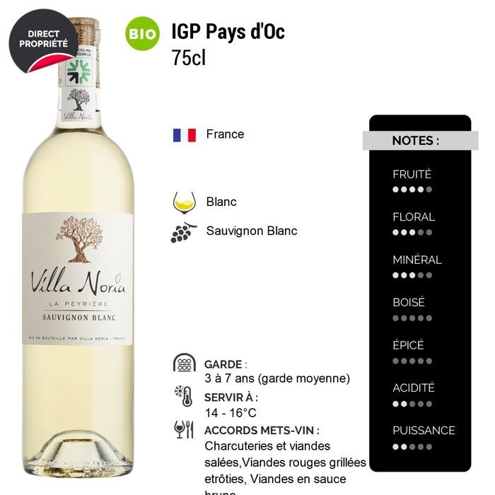 Villa Noria Pays d'Oc La Peyrière Sauvignon Blanc – Weißwein aus Languedoc – Roussillon (6x75cl) BIO