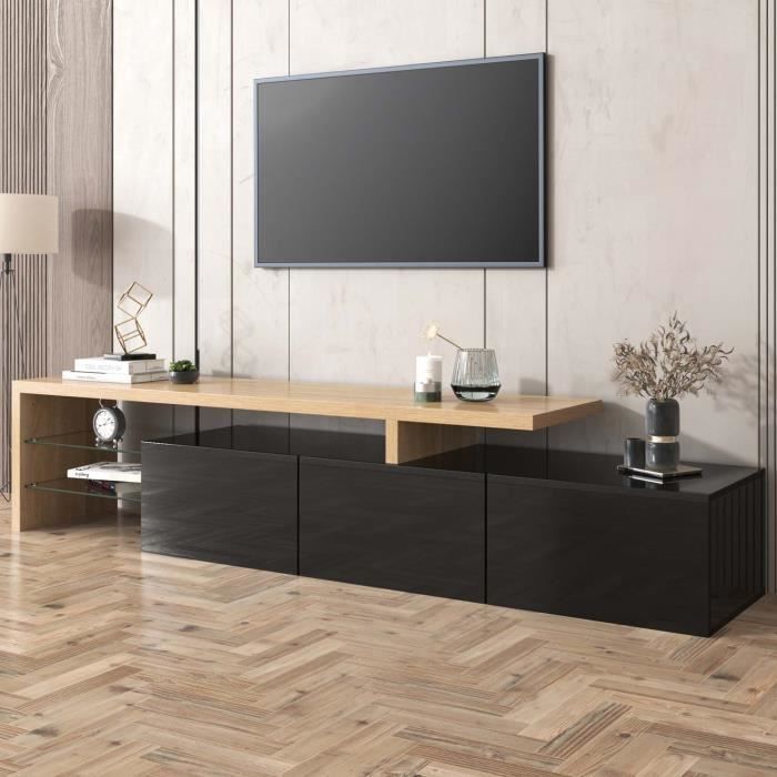 Mobile porta TV combinato da 200 cm, stile moderno con 3 ante e 2 vani in vetro, supporto per TV LED per camera da letto o soggiorno, nero.