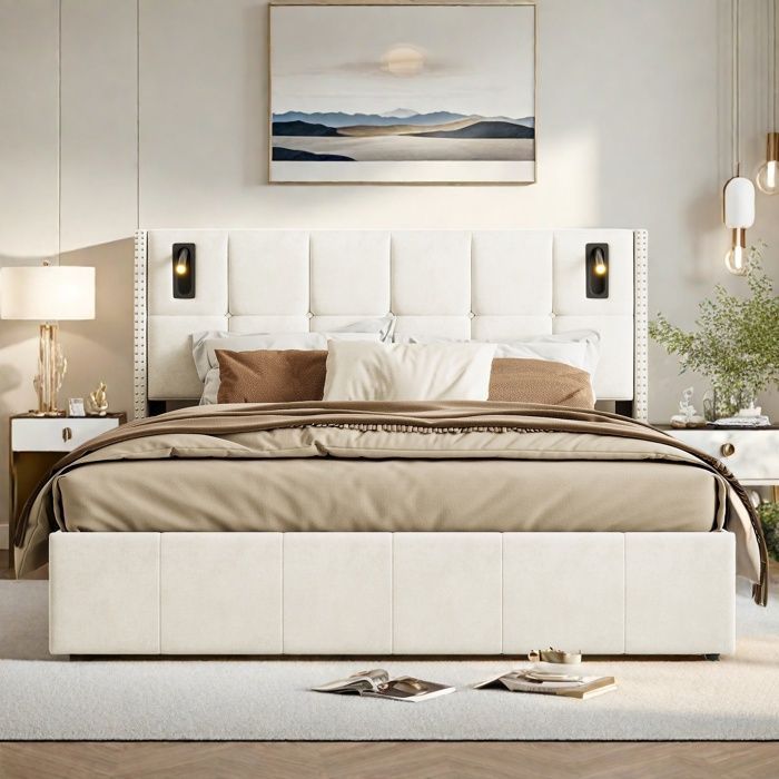 Letto contenitore 160 x 200 cm, letto 160x200 con rete a doghe, letto matrimoniale, struttura letto, con lampada da lettura da comodino, beige, velluto
