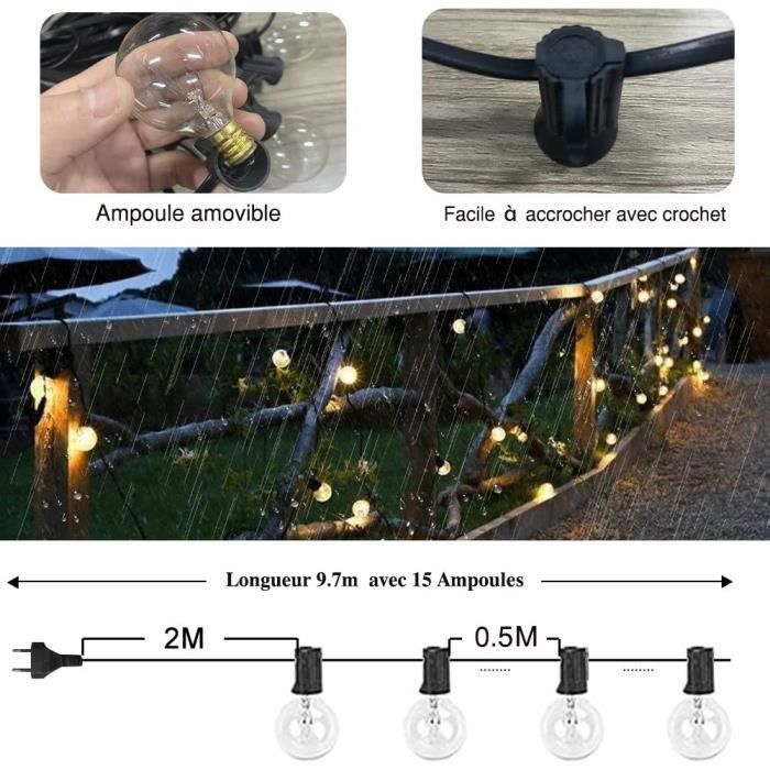 Guirlande Lumineuse Extérieure,31FT Guirlande Guinguette LED G40 Ampoules 15+2 Rechange,Guirlande Exterieur Étanche.