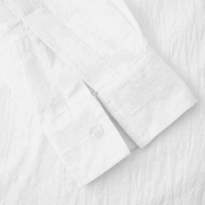 Camisa de manga larga para hombre de algodón y lino con cuello alto - INSFITY - Blanca - Corte regular - Informal