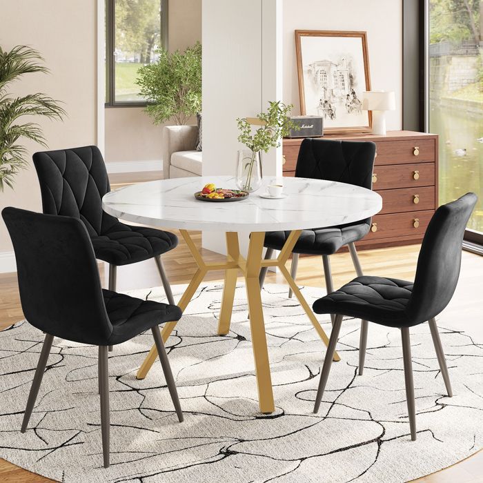 Juego de comedor - Conjunto de mármol y terciopelo - Mesa redonda con efecto mármol - Base de metal dorado - 4 sillas de terciopelo negro