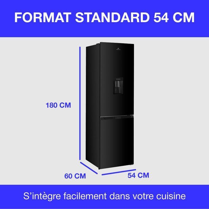 Réfrigérateur congélateur bas CONTINENTAL EDISON - 251L -Total No Frost(Sans givre) - Noir - L 54 cm x H 180 cm
