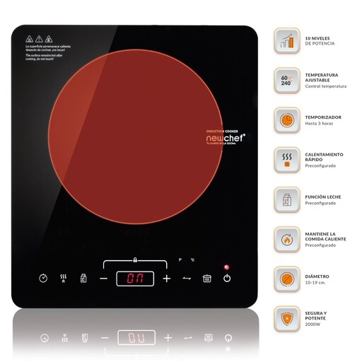 Płyta indukcyjna Newchef-Go2000, 10 poziomów mocy, 3 programy predefiniowane, dioda LED, temperatura 60–240°C