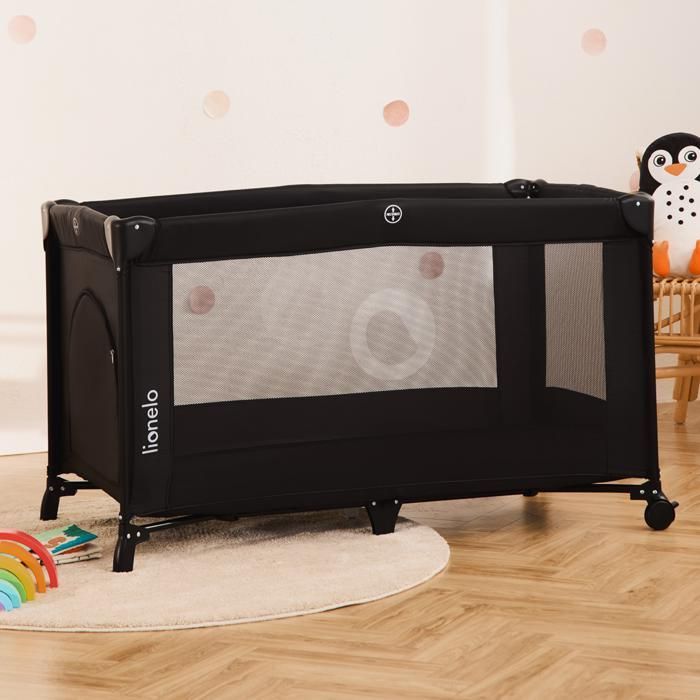 Cuna de viaje compacta 2 en 1 LIONELO Stefi - Parque infantil - 0-36 meses - Bolsa de transporte - Plegado rápido - 2 ruedas - Negra