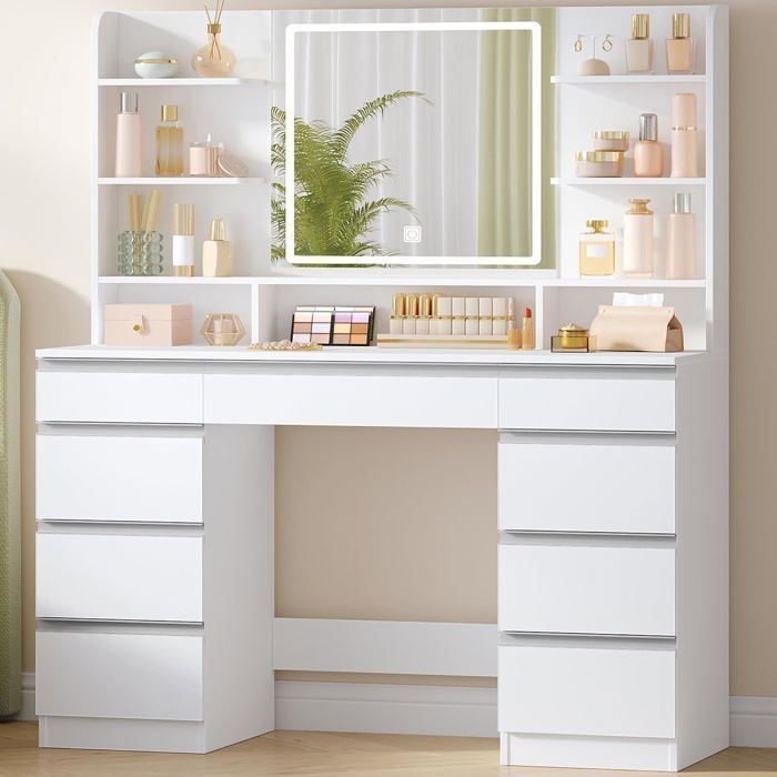 Penteadeira grande com iluminação LED, 3 cores, brilho ajustável, espelho, 9 gavetas, 9 prateleiras abertas, branco-prateado