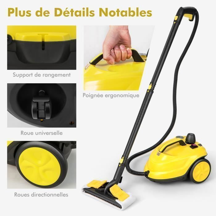 Nettoyeur Vapeur Polyvalent 2000W COSTWAY pour Punaises de Lit-5 BAR-15 Accessoires et Manomètres-Réservoir 1,8L-160°C-4 Roue-Jaune